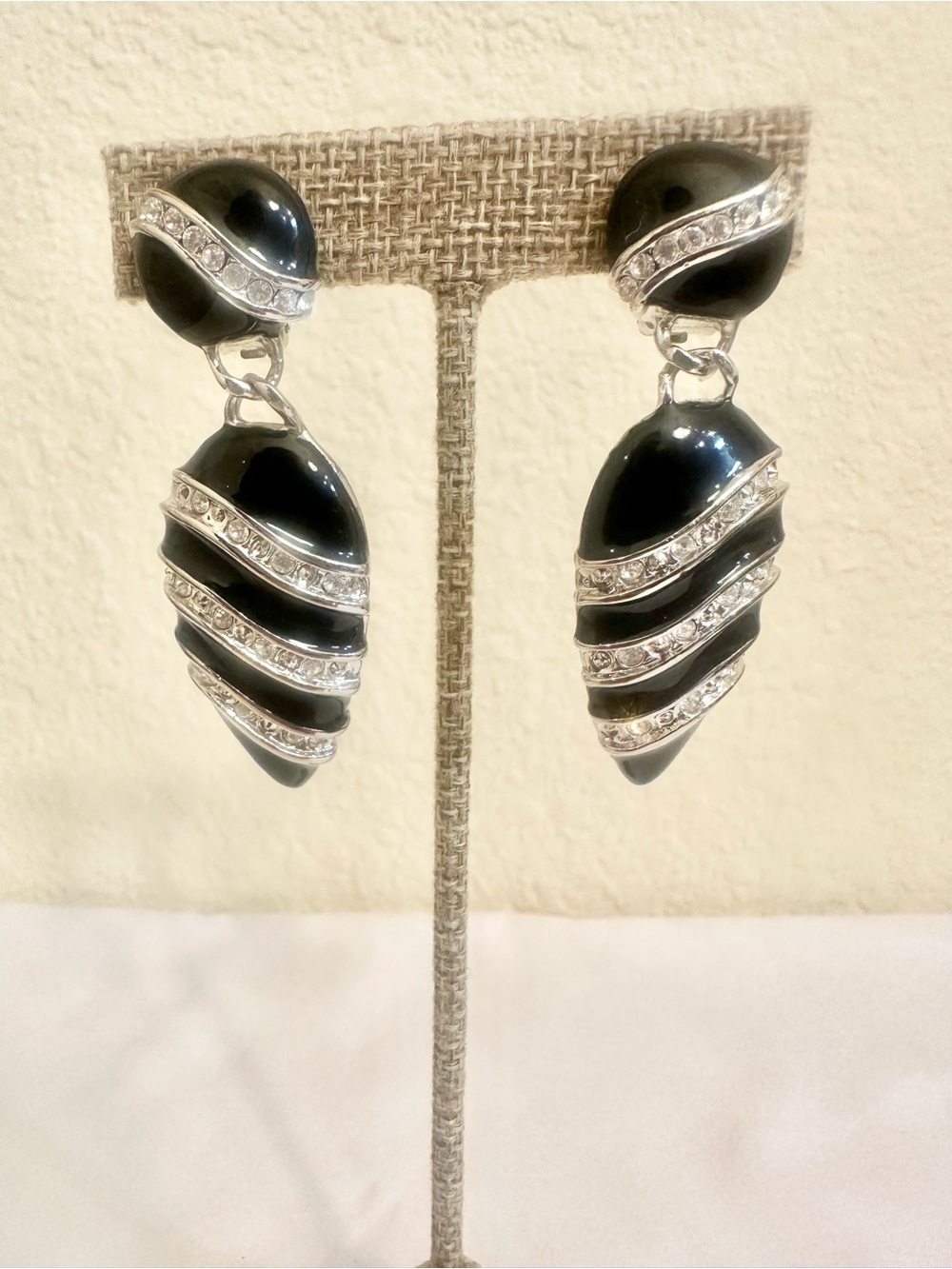 VTG Silver Tone Black and Silver Crystal Drop Earrings - Picture 2 of 5